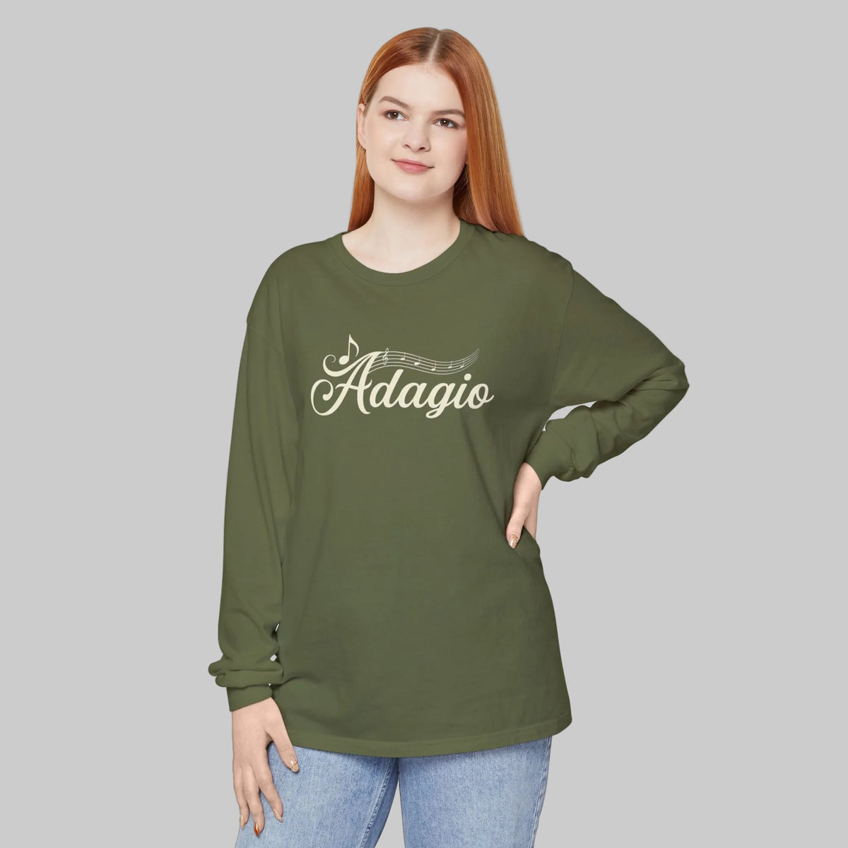 Adagio script text graphic on Hemp color cotton Tshirt 