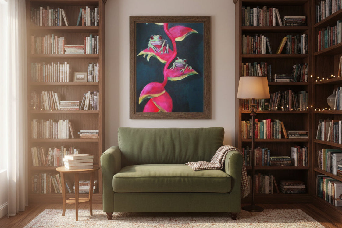 Bright and Colorful Jungle Tree Frogs and Heliconia Print 
