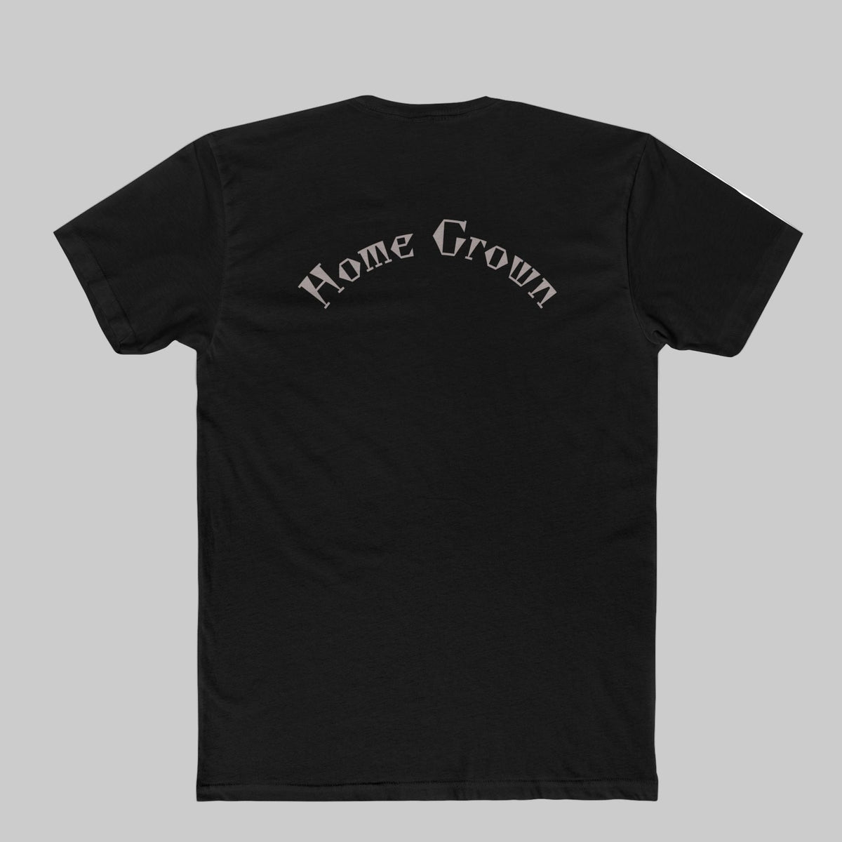Black t-shirt with 'Home Grown' text on the back of Marijuana leaf Tee