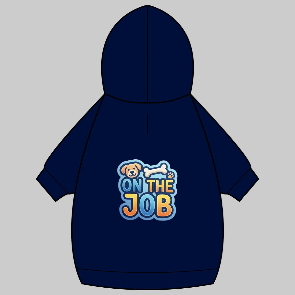 A navy blue hooded cotton pullover shown from the back, featuring a colorful graphic print of a cartoon dog and bone with the text 'ON THE JOB' in blue, orange, and yellow.
