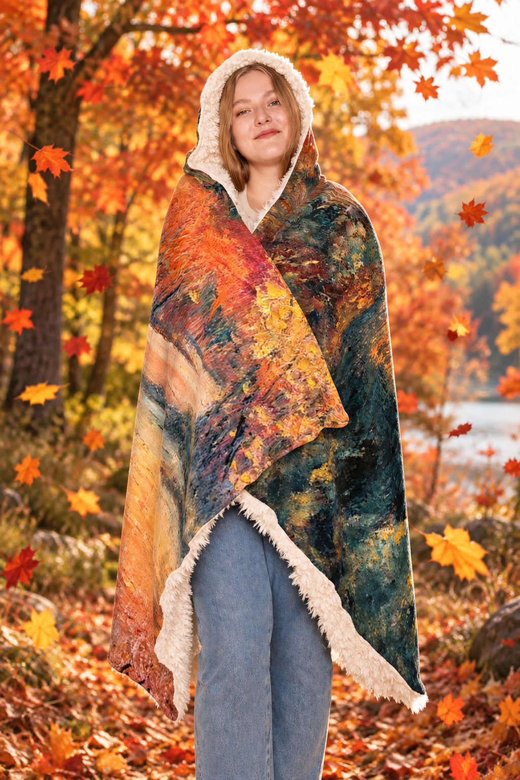 A person wearing a hooded wrap blanket with an impressionistic painterly print in orange, brown, black, and teal, featuring a cream sherpa lining