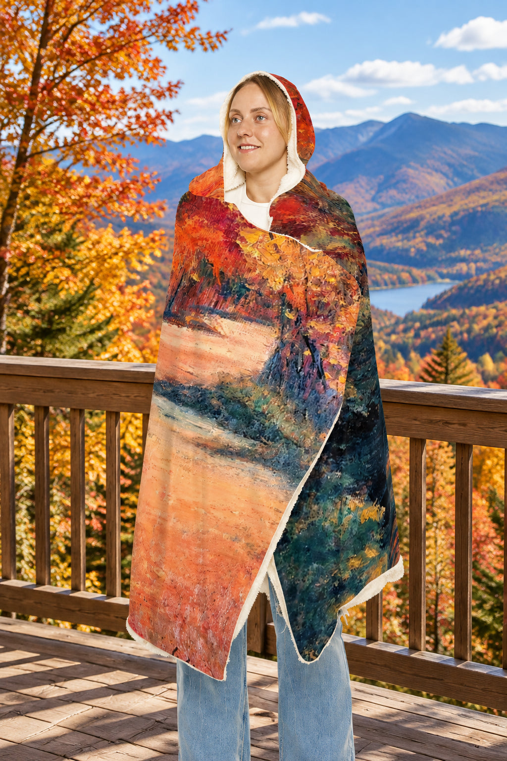 Hooded throw blanket or poncho printed with a scenic landscape in warm autumn tones and dark blue-green water