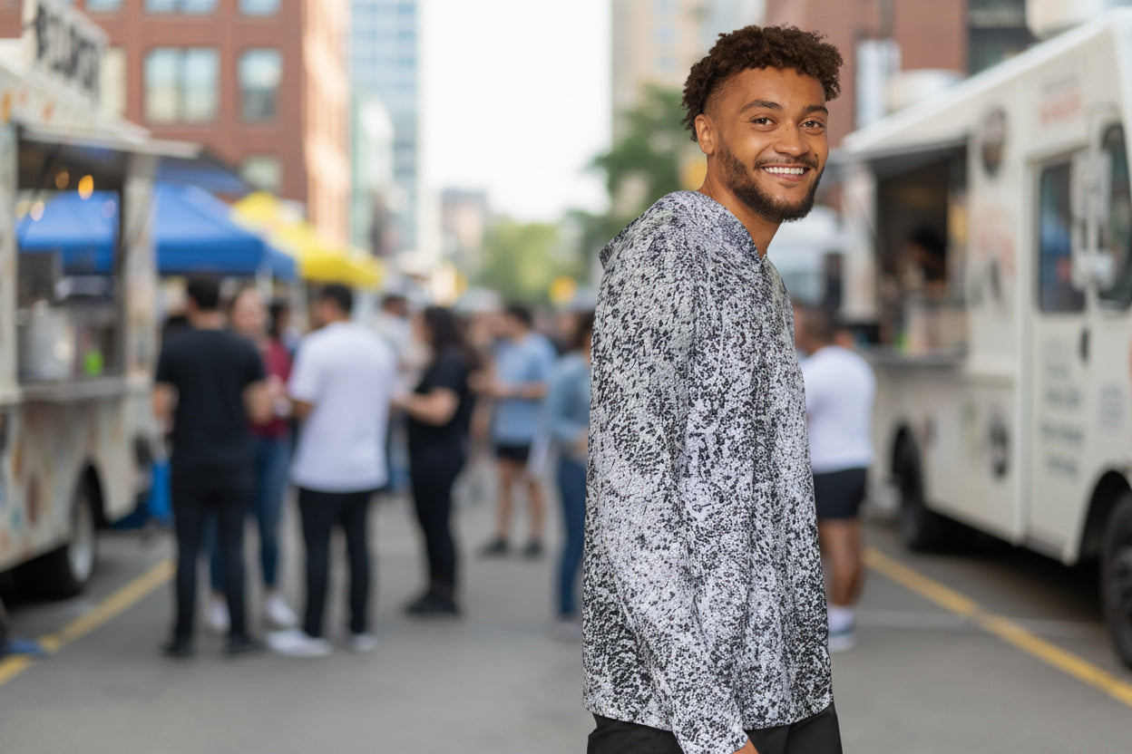 Man wearing a abstract art design long-sleeve hoodie warm up