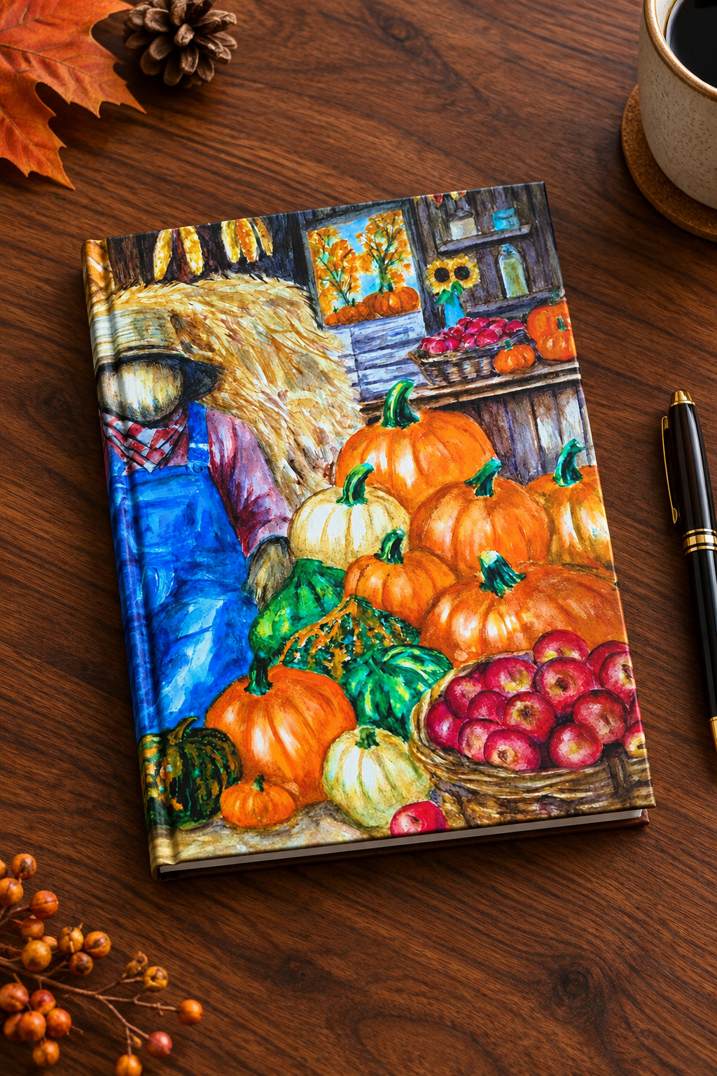 A vertical art print depicting a colorful autumn harvest scene with pumpkins, gourds, red apples, a scarecrow, and a rustic barn interior