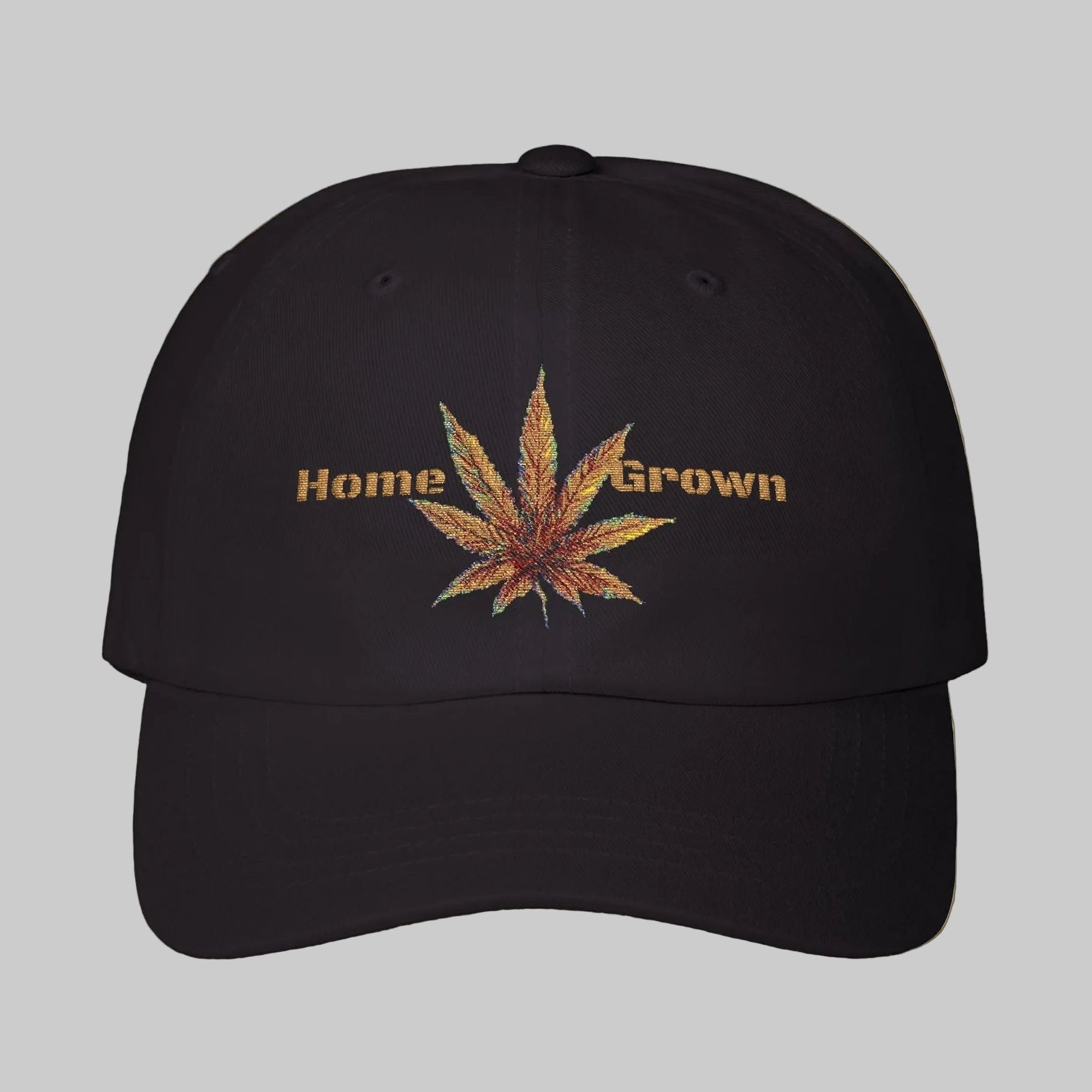 Black dad's cap with  textured look cannabis leaf and 'Home Grown' text 