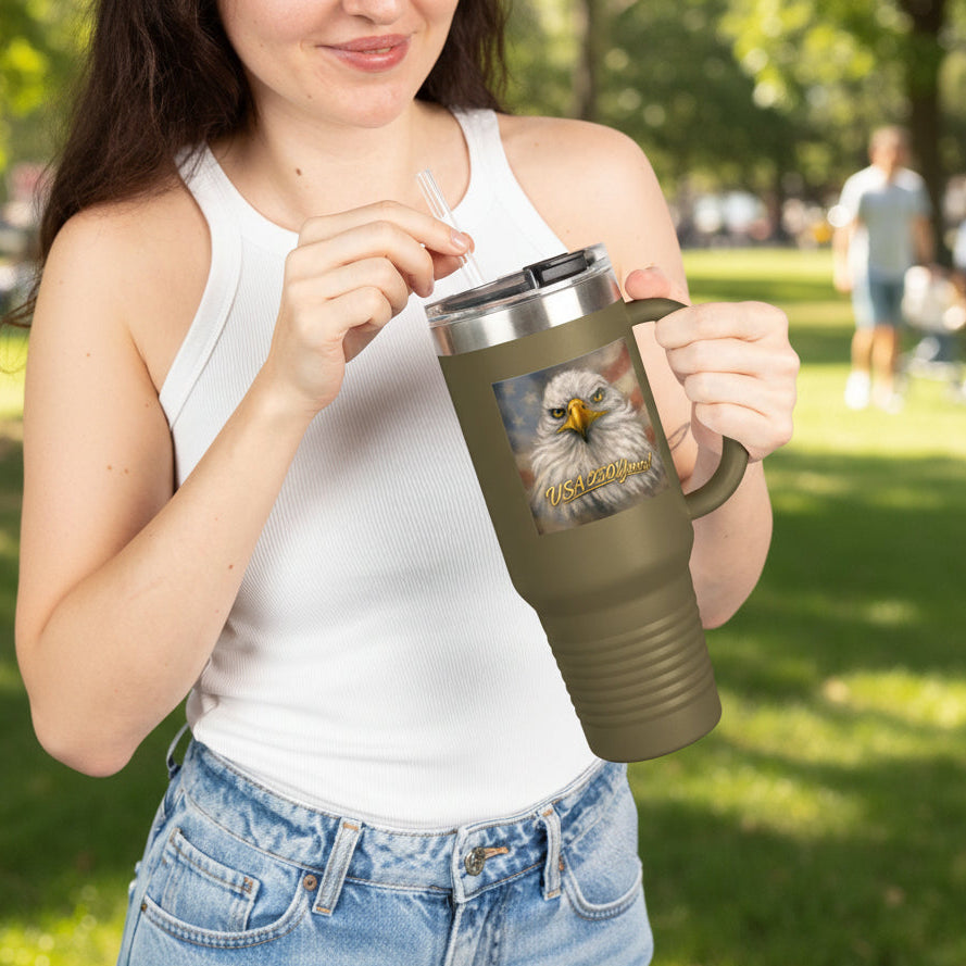 Olive green travelers mug with straw and leak proof top features bald eagle