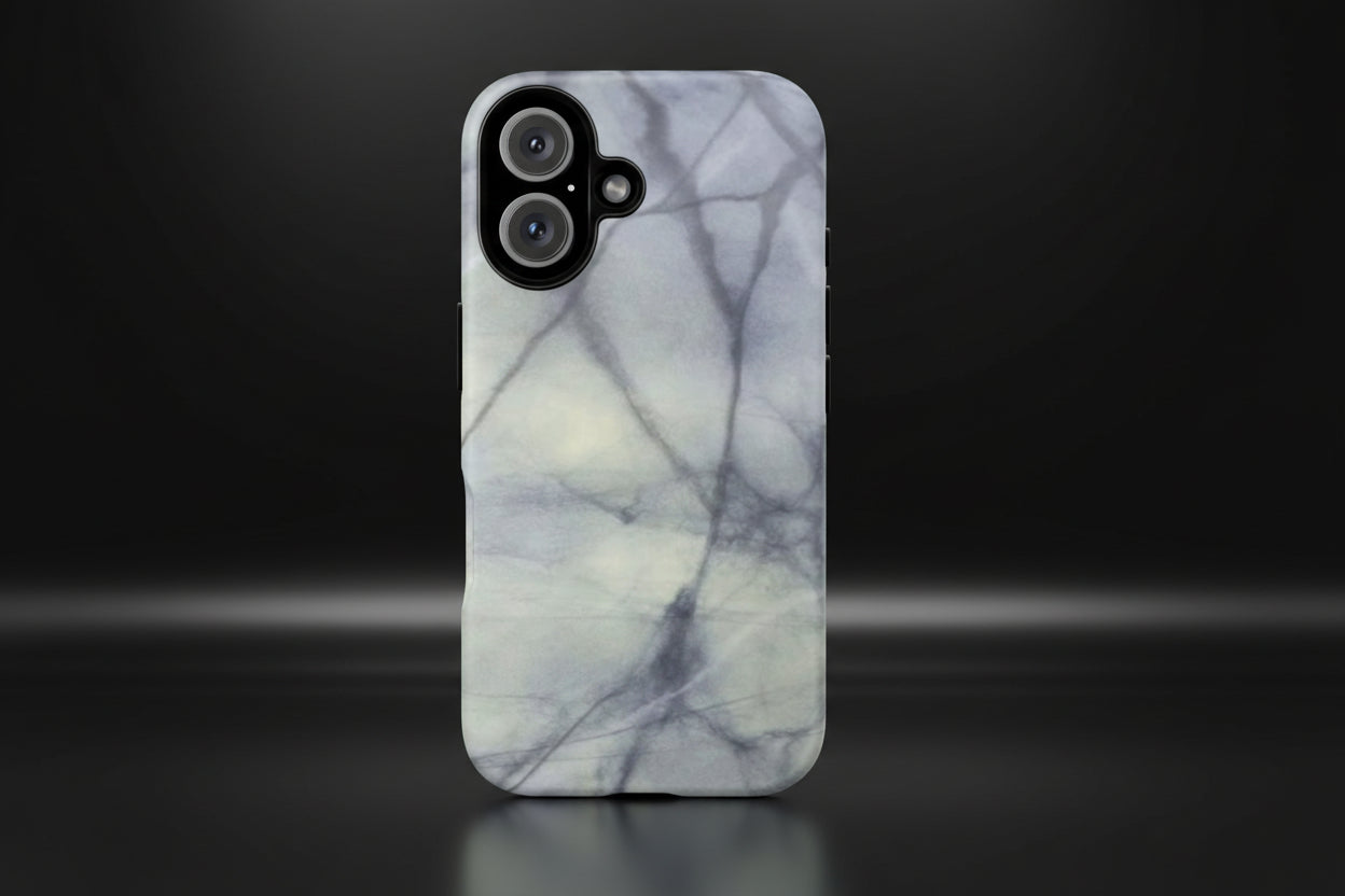 Phone case in impressive grey marble design with shock absorbing dual layer shell and UV resistance in 3D wrap