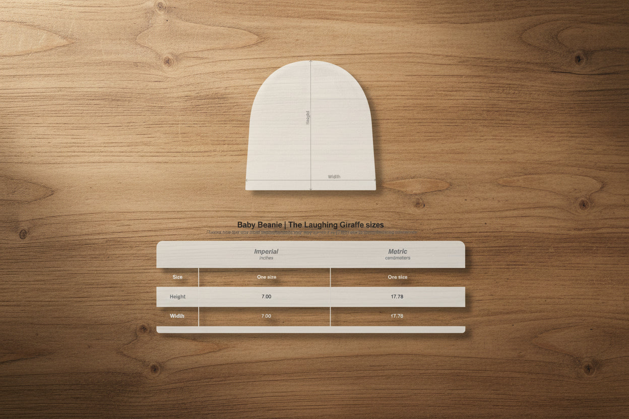 White baby beanie with size chart on a white background