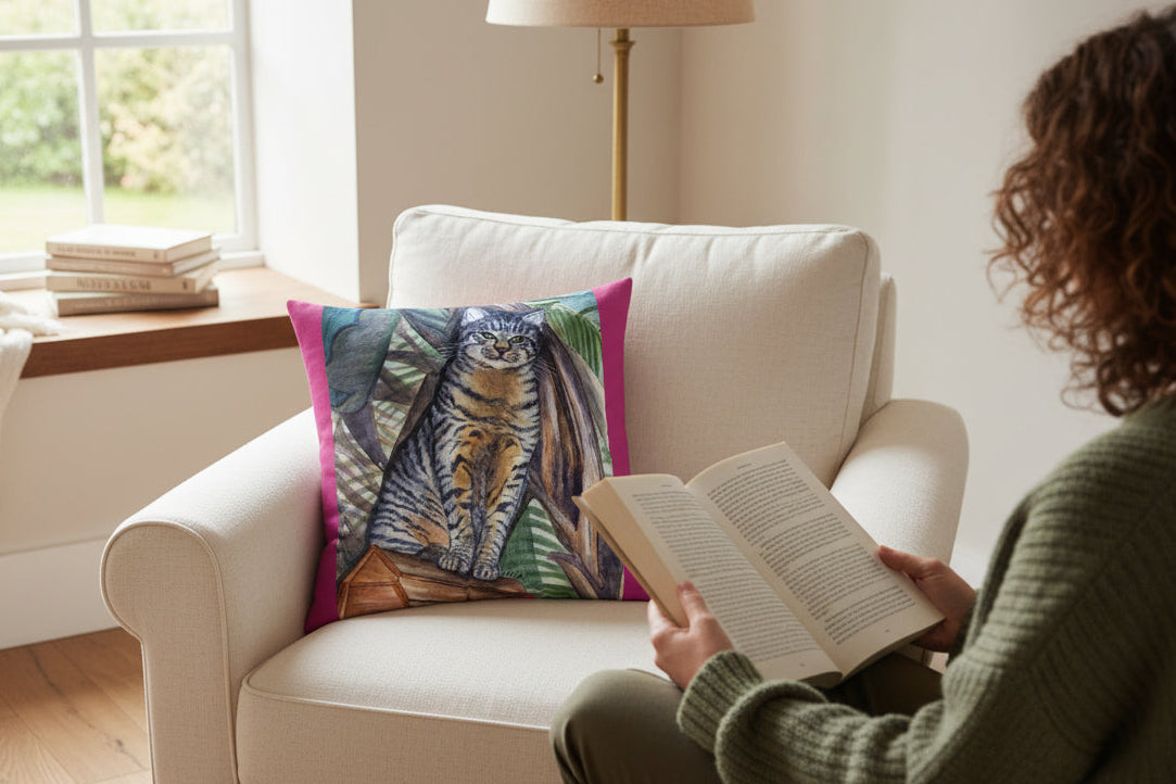 Fuschia Pillow with a tabby cat design in fuschia or purple accent colors