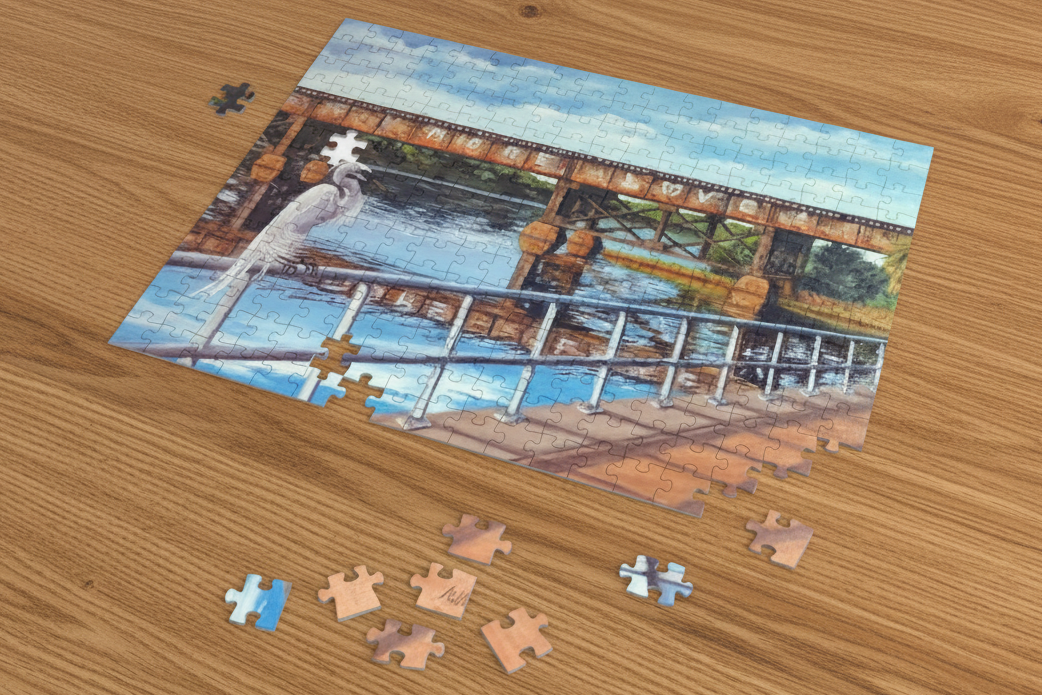 Jigsaw puzzle of a Painted Train Trestle with a Great White Heron and More Love Graffiti on Trestle - 252 pieces - 11" x 14" is challenging fun and makes a great gift for anyone