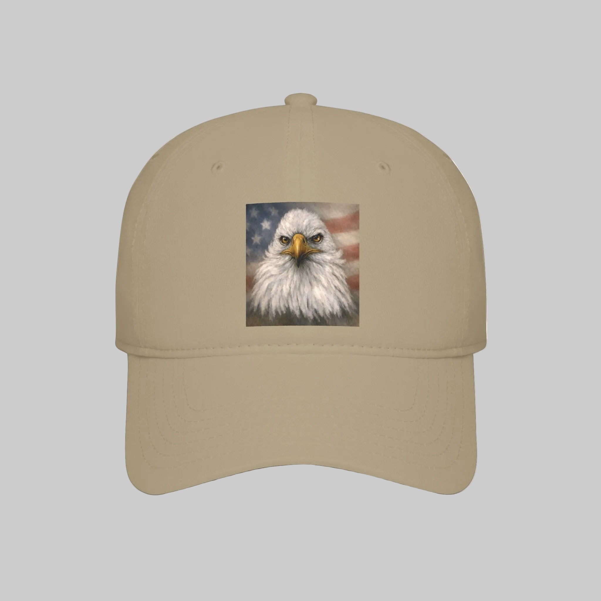 Khaki cap with a bald eagle painting and American flag design 