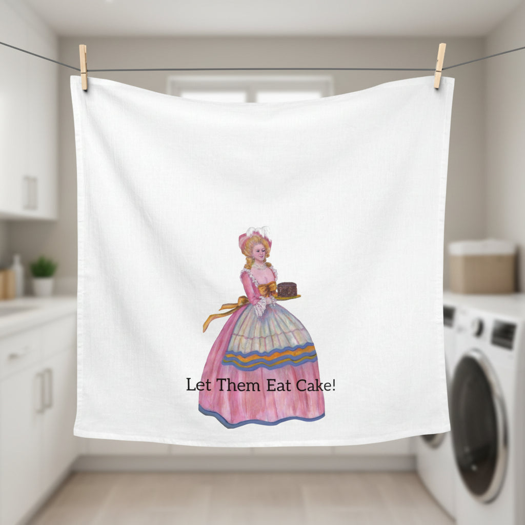 White Kitchen towel with a vintage-style illustration of a woman holding a cake, with text 'Let Them Eat Cake!' 
