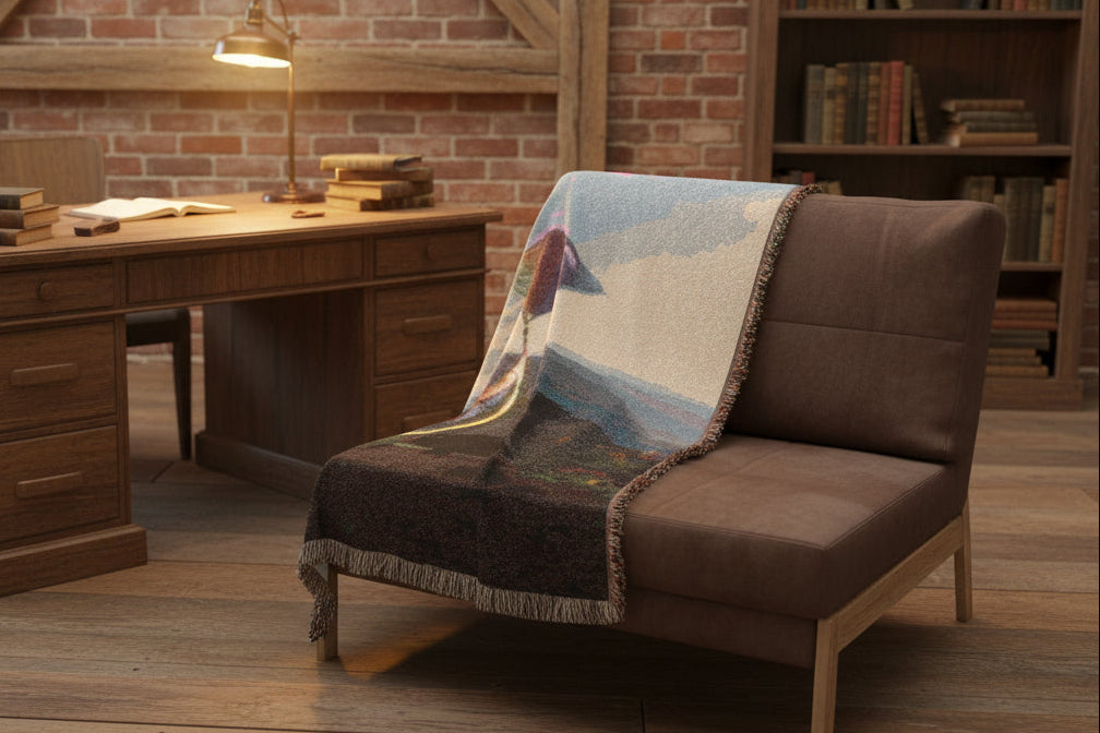 100% Cotton Woven Throw Blanket with a beautiful scene of a flying kite over the mountains