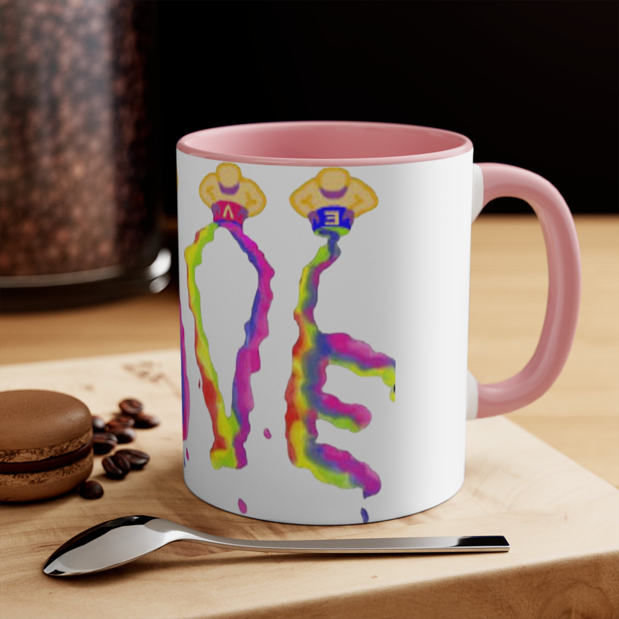 Mug with colorful LOVE design available in accent colors: blue, green, pink, red