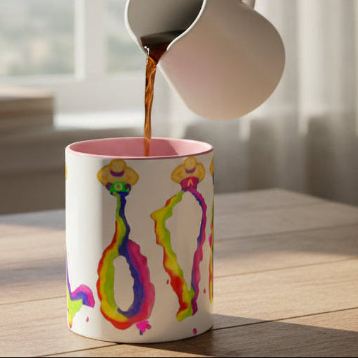 Mug with colorful abstract LOVE design with pink interior and handle