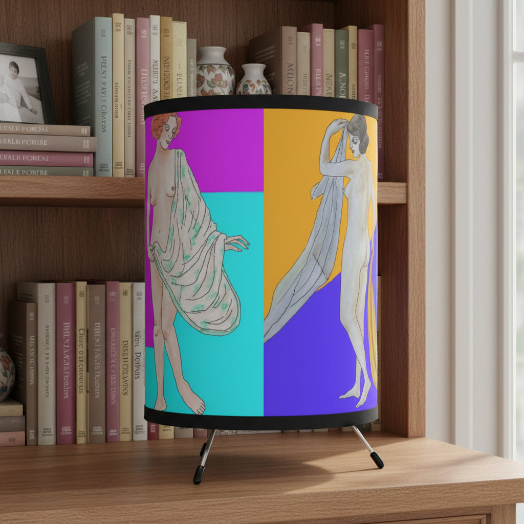 Art Deco Table lamp with artistic design of semi- nude Divas on a colorful backgrounds