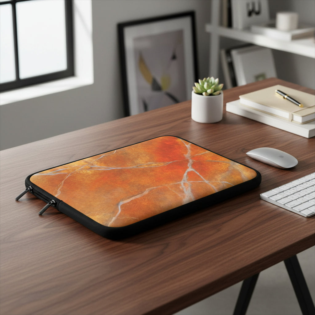 Laptop sleeve with red orange marble design with dual zippers and padded