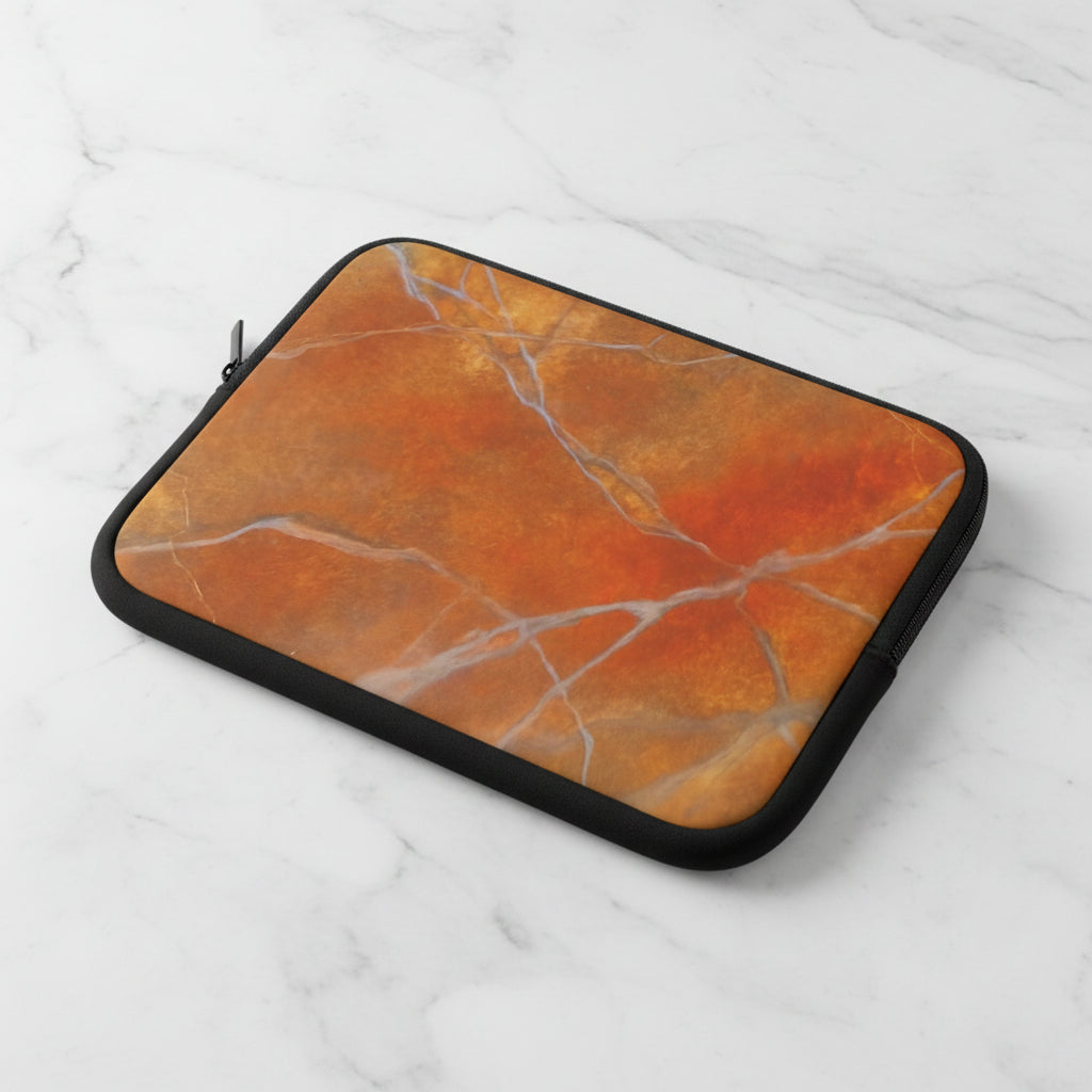 Marble-patterned laptop sleeve with black border and dual zipper