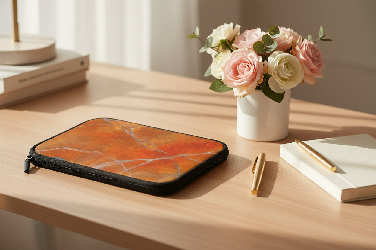 Marble-patterned laptop sleeve with black border available in several sizes