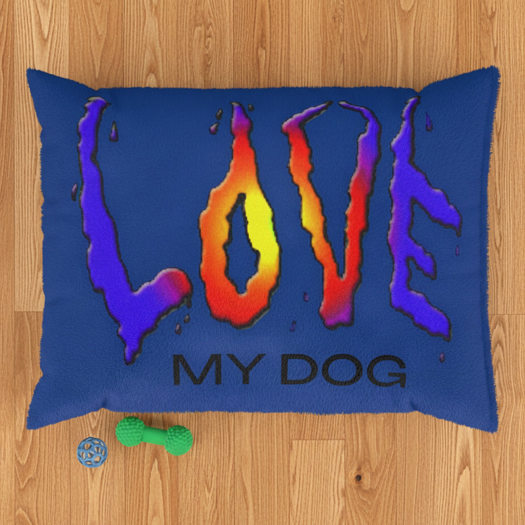 Blue dog bed with colorful Love Design in 3 sizes