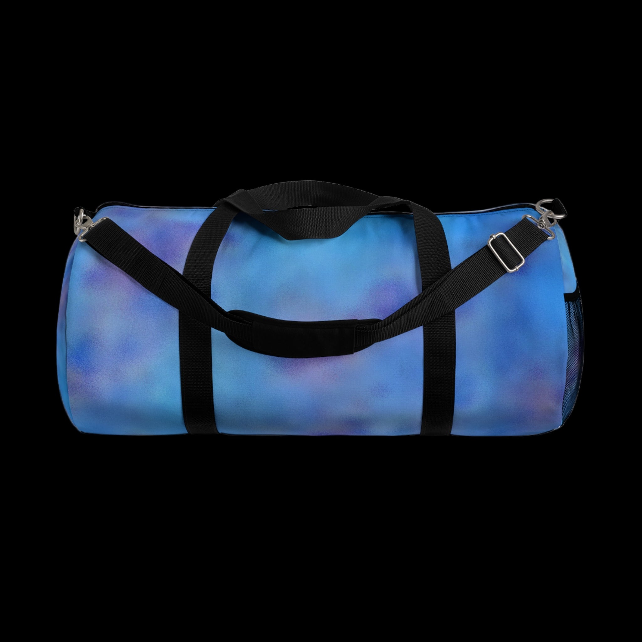 Gradient abstract blue and purple duffel bag with black straps that looks great and carries it all