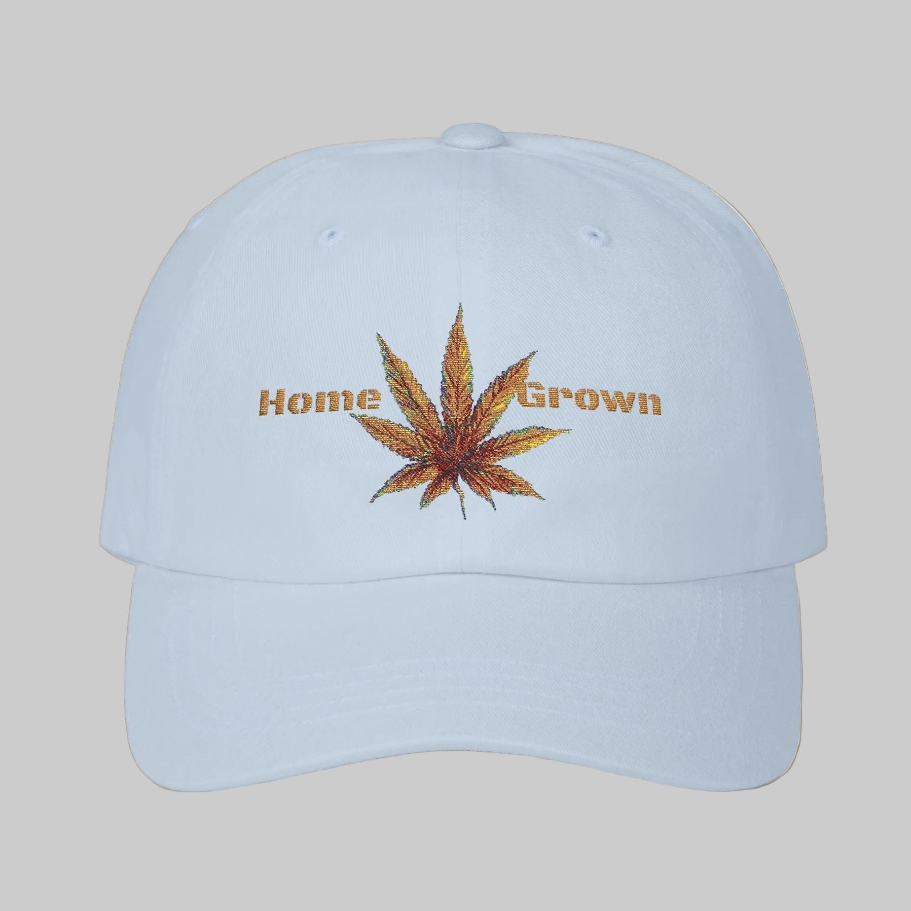 Light blue dad's cap with textured look cannabis leaf and 'Home Grown' text 