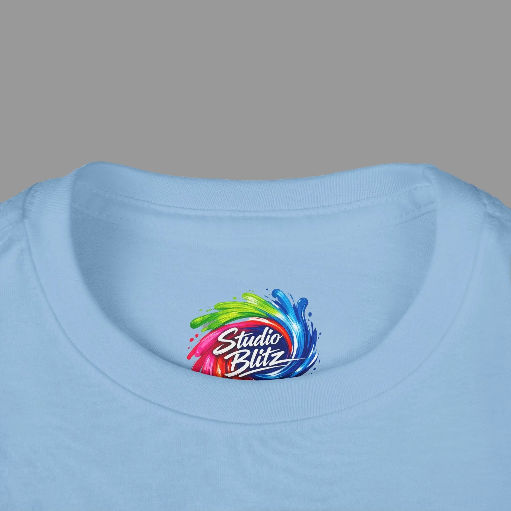 Ribbed collar and cuffs on light blue kid's Tee to prevent stretching