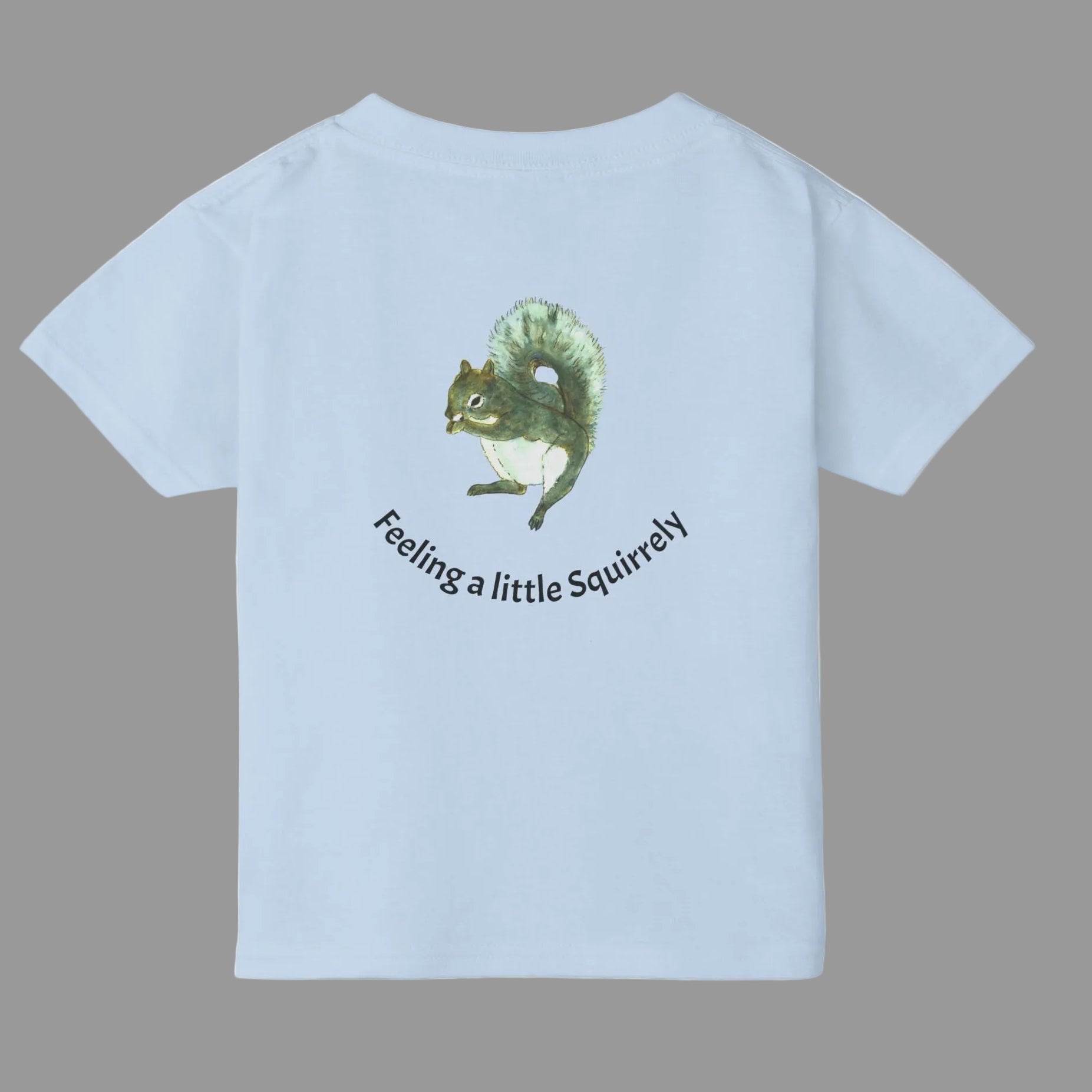 Light Blue cotton kid's t-shirt with fun squirrel graphics and text - 4 colors available