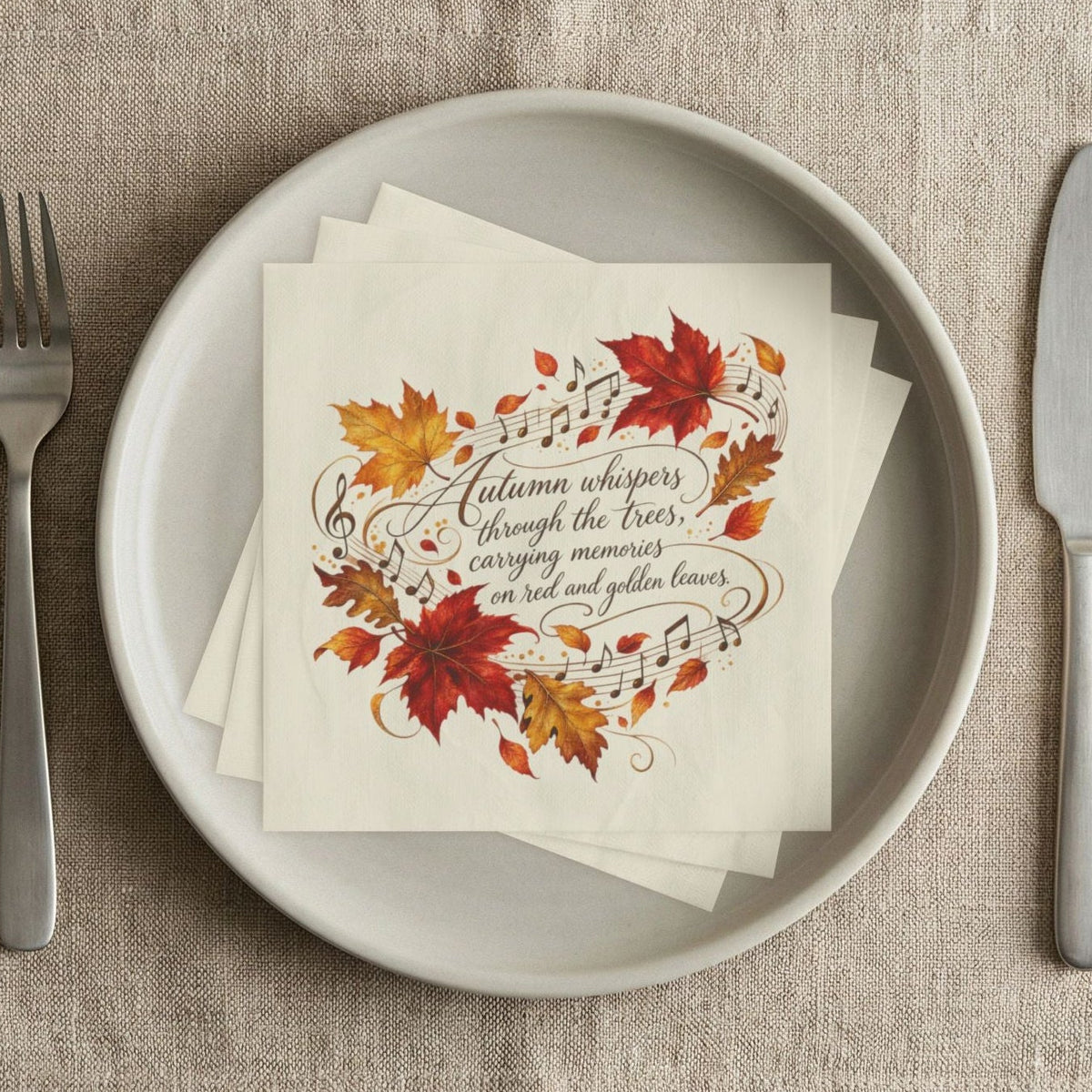 A stack of cream paper napkins printed with an autumn leaf design and cursive text of poem - available in cocktail and luncheon sizes