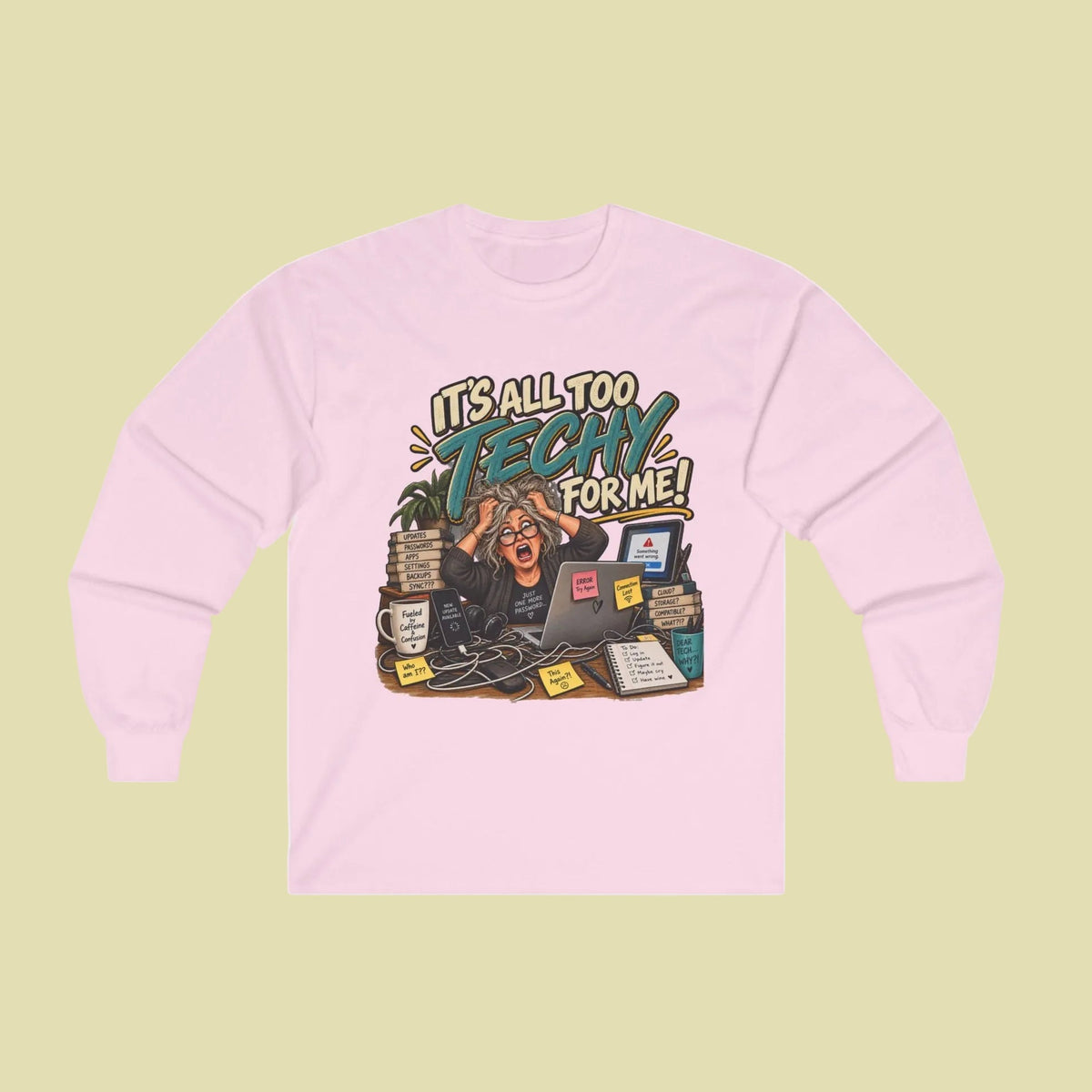 Light Pink long sleeve Tee with fun tech graphic