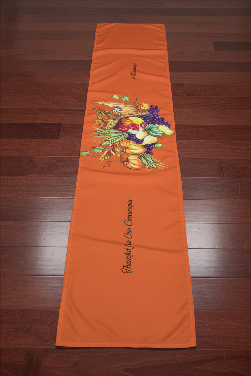 Orange table runner with a cornucopia design 16" x 72" and 16" x 90"