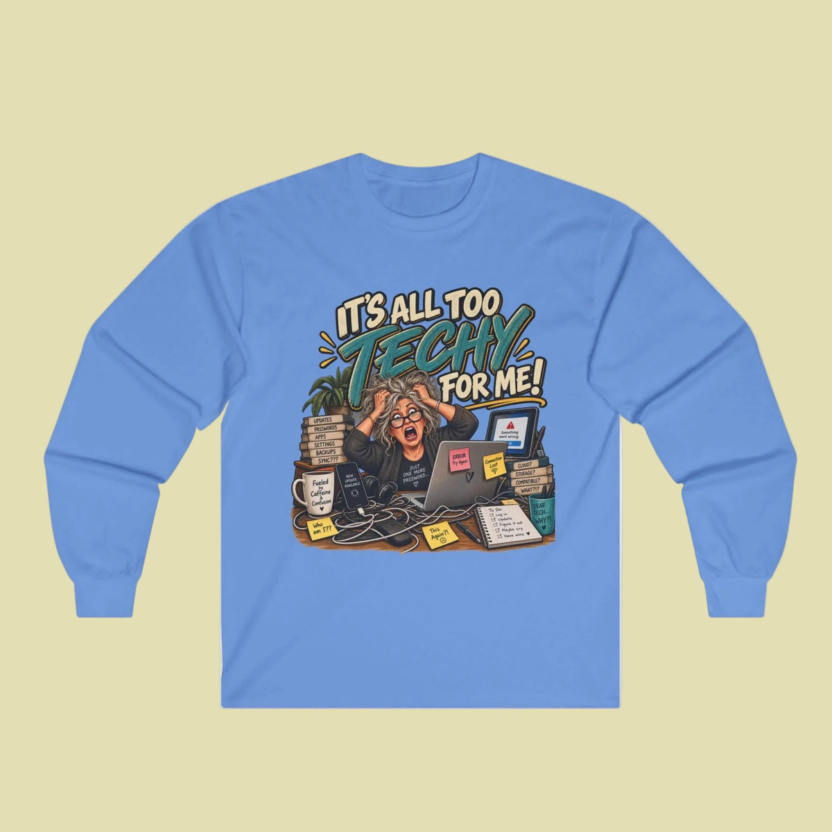 blue long sleeve T-shirt with funny tech graphic