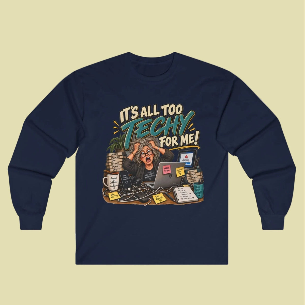 Long sleeve Tee in Navy with Fun Graphic for The Tech Challenged