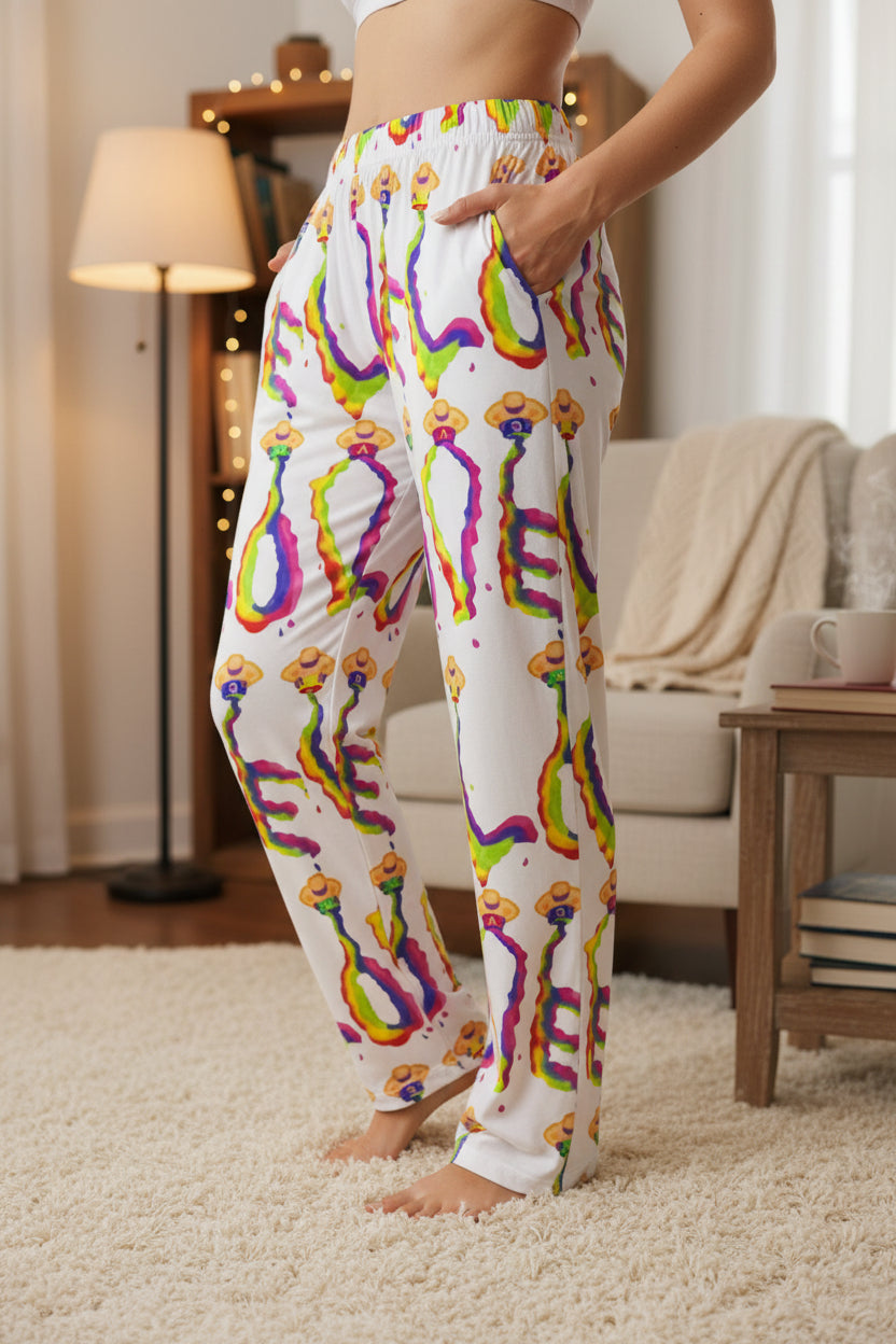Colorful LOVE design on white lounging pajamas pants - soft and comfortable XS-4XL
