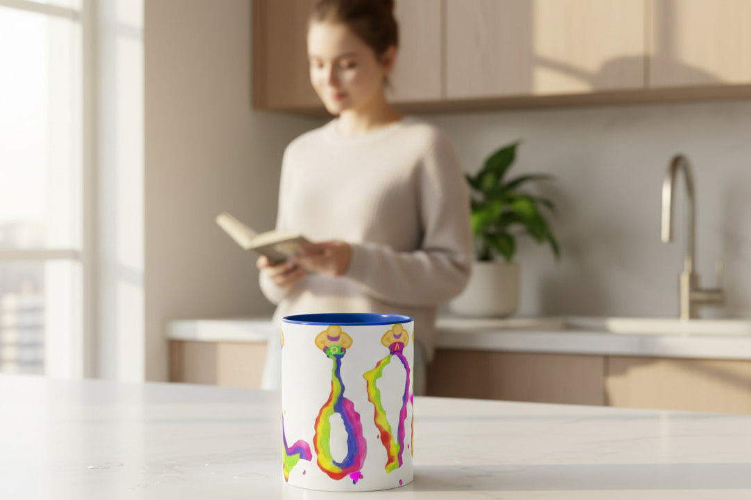 Mug with colorful LOVE abstract design and blue interior and handle 