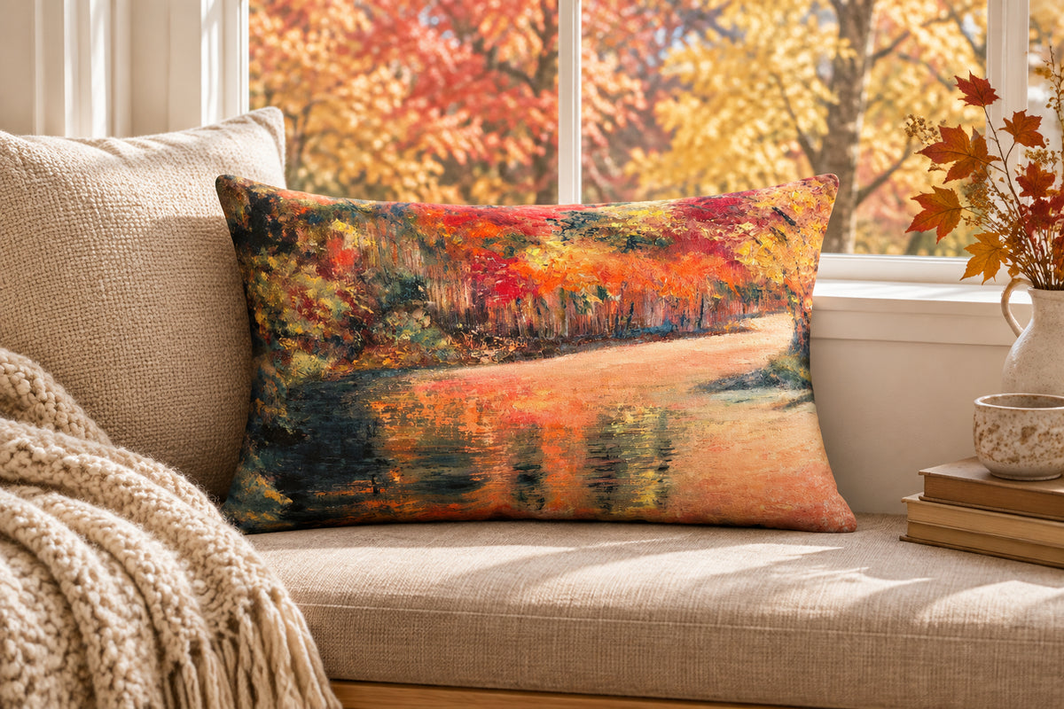 A rectangular lumbar pillow featuring an artistic, impressionistic landscape print of a river reflecting autumn trees in vivid red, orange, yellow, and dark green tones