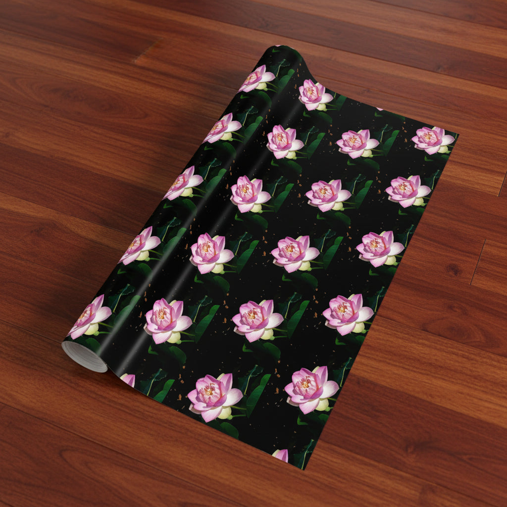 Roll of black wrapping paper with pink lotus blossom pattern 