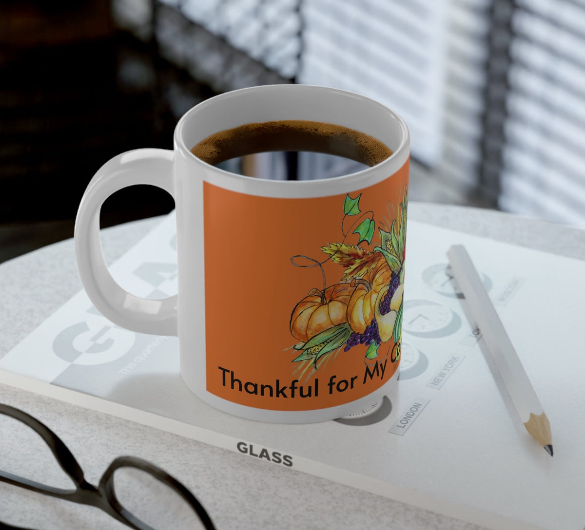 Mug - 20 oz. with C handle for comfort and Thanksgiving Cornucopia and message
