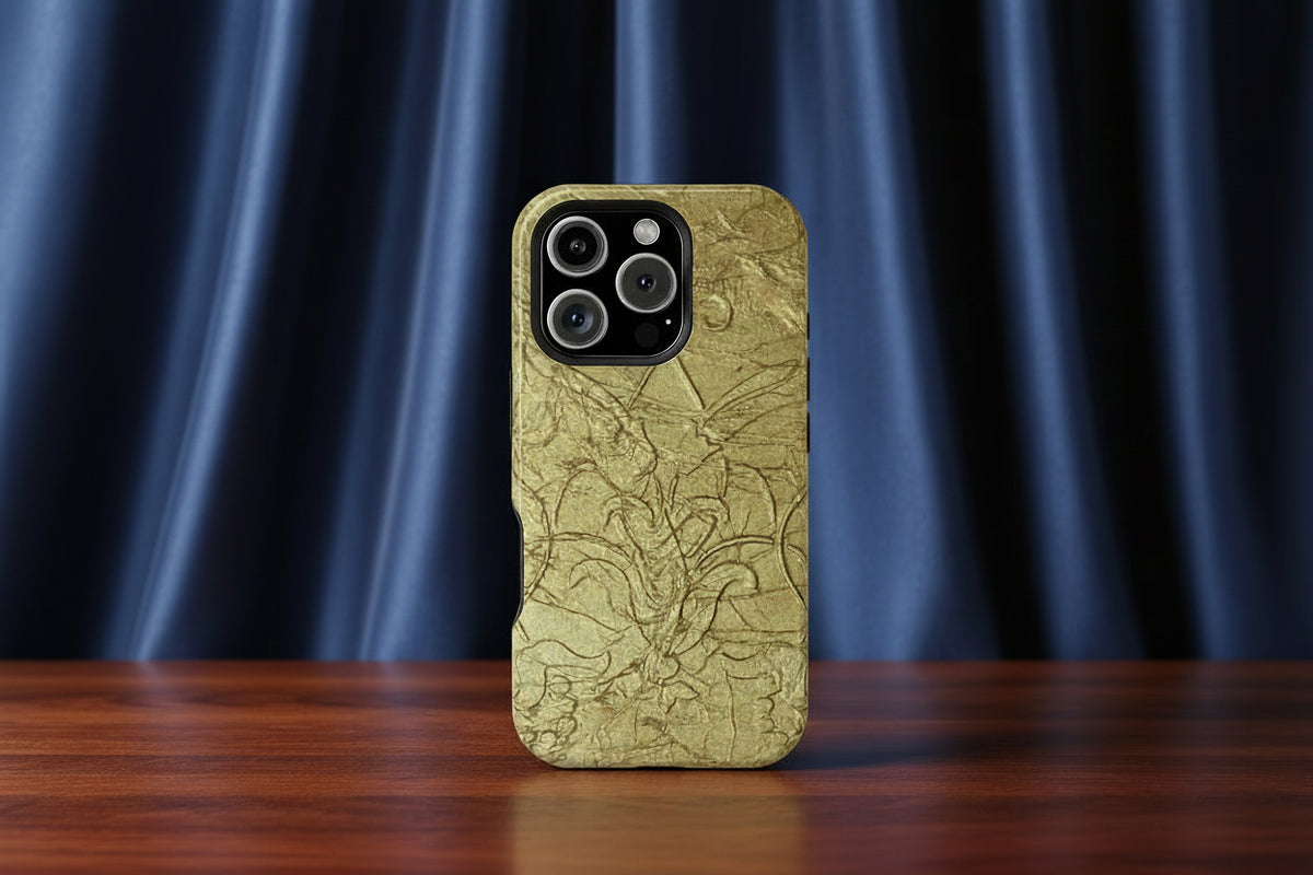 i Phone case with gold scroll design in slim MagSafe module-glossy or matte finish