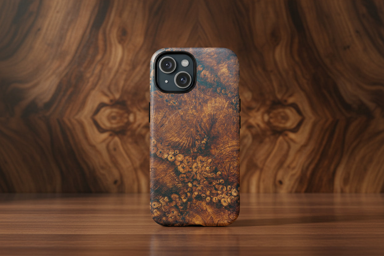Magnetic iphone case with a natural Burl Wood Design compatible with MagSafe accessories in tough Dual Layer Shell