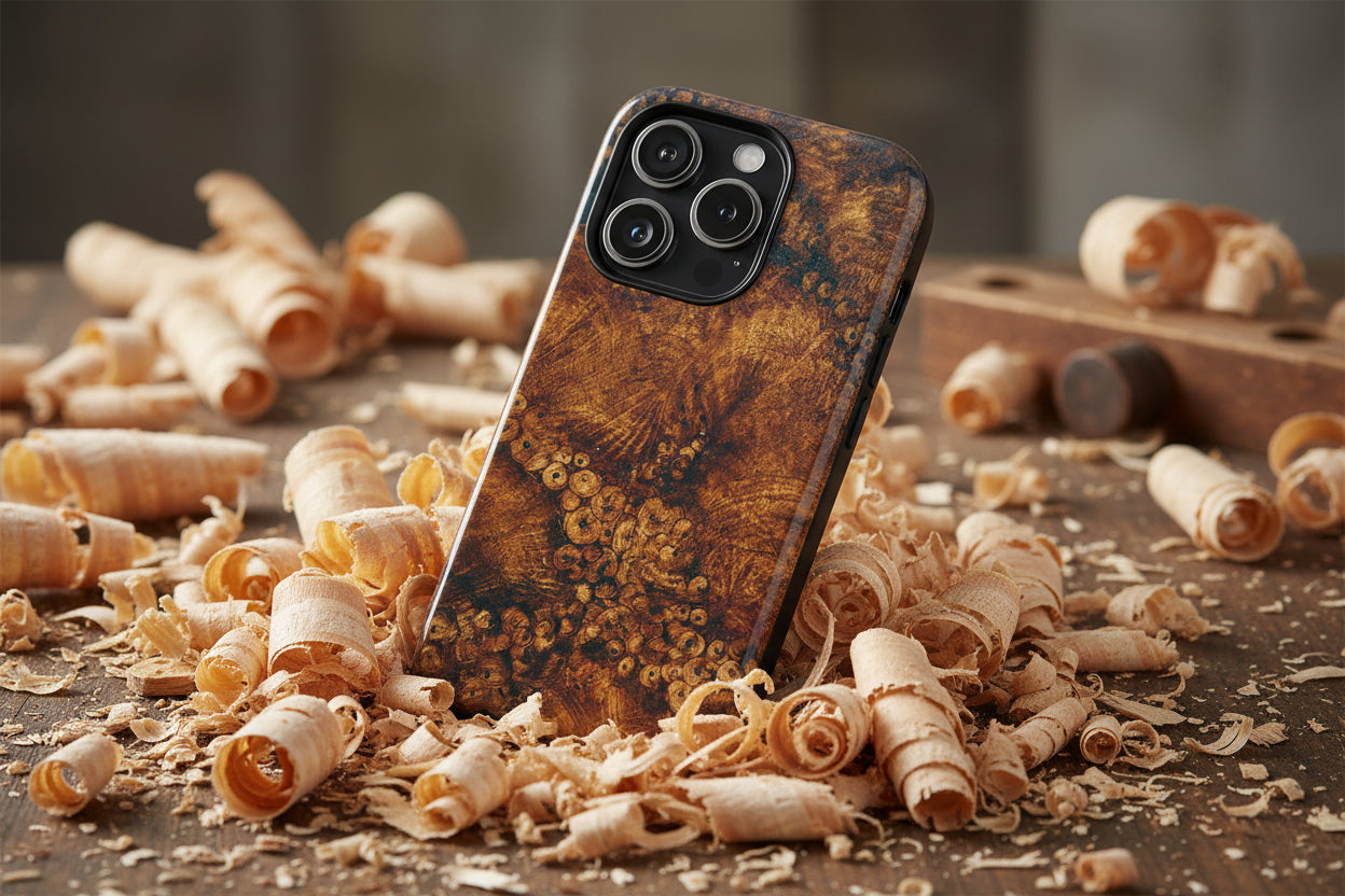 Magnetic iphone case with a natural Burl Wood Design compatible with MagSafe accessories in tough Dual Layer Shell