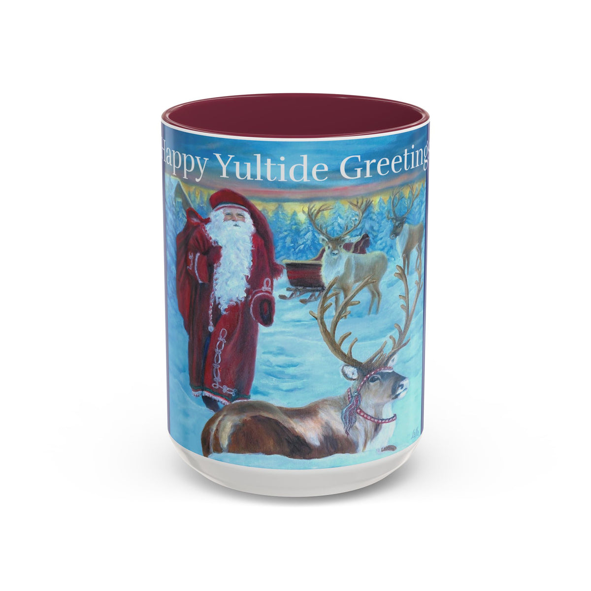 Tumbler with Santa Claus and reindeer design on a white background