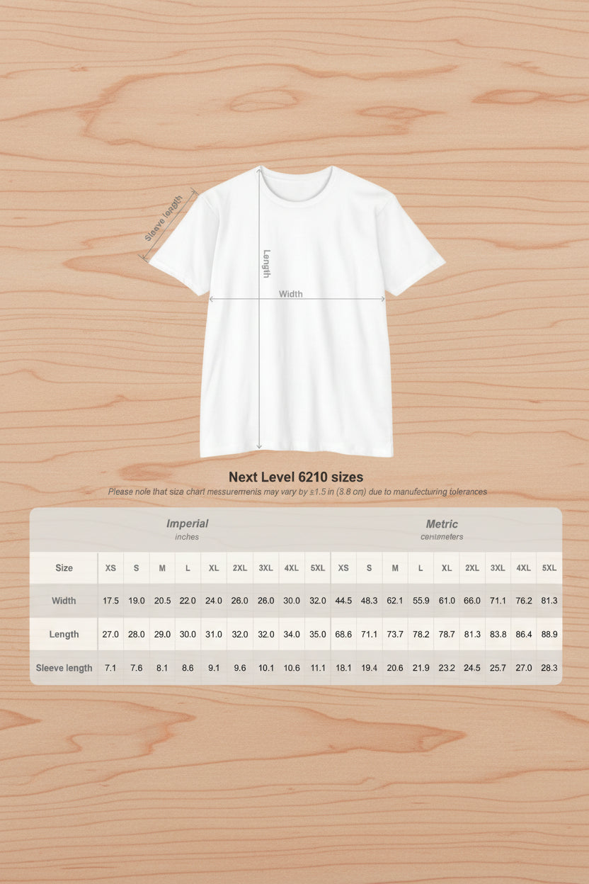 White t-shirt with measurement chart 