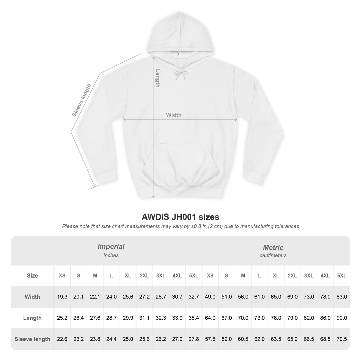 White hoodie with measurement chart for sizes S-2XL