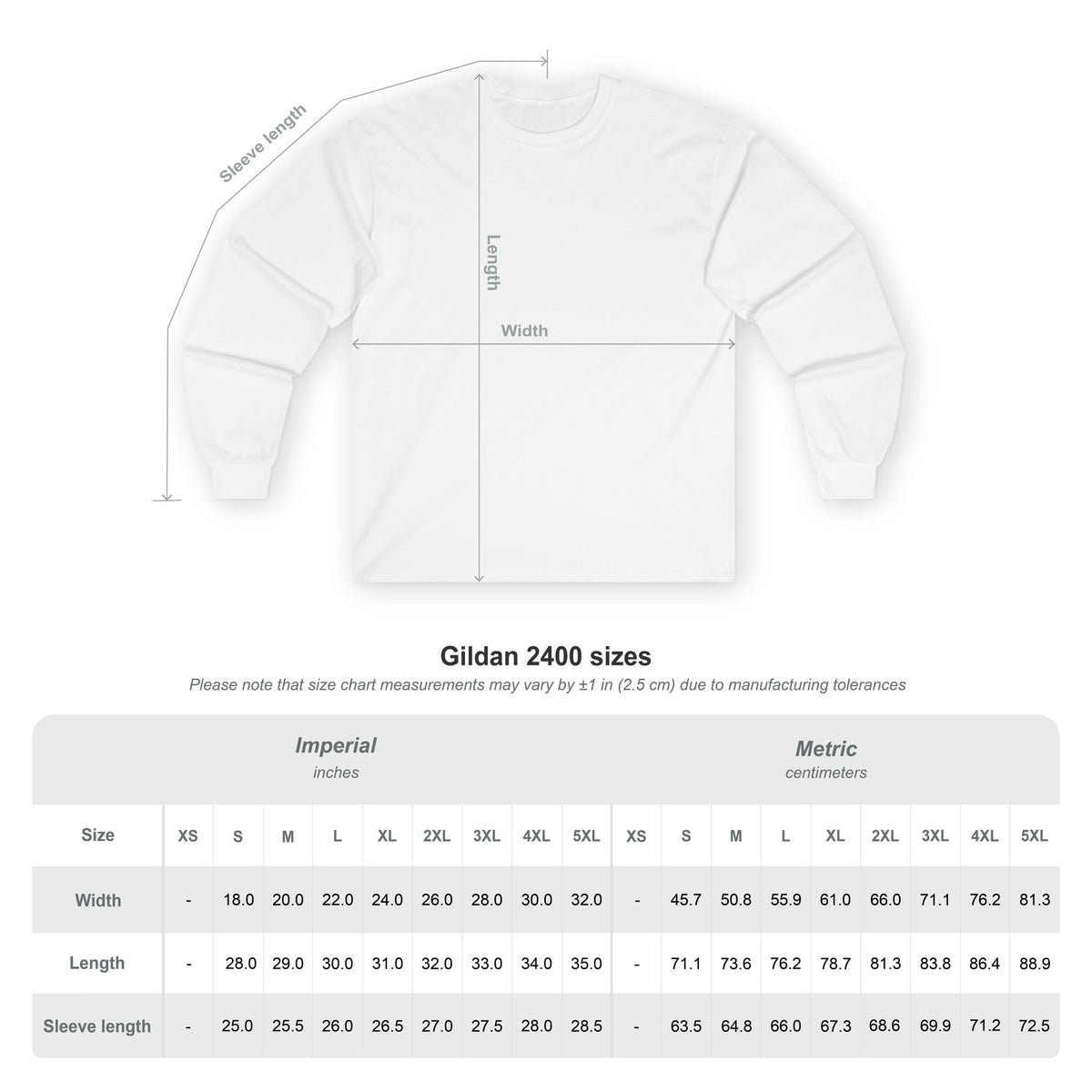 Size chart for long sleeve tee S-5XL