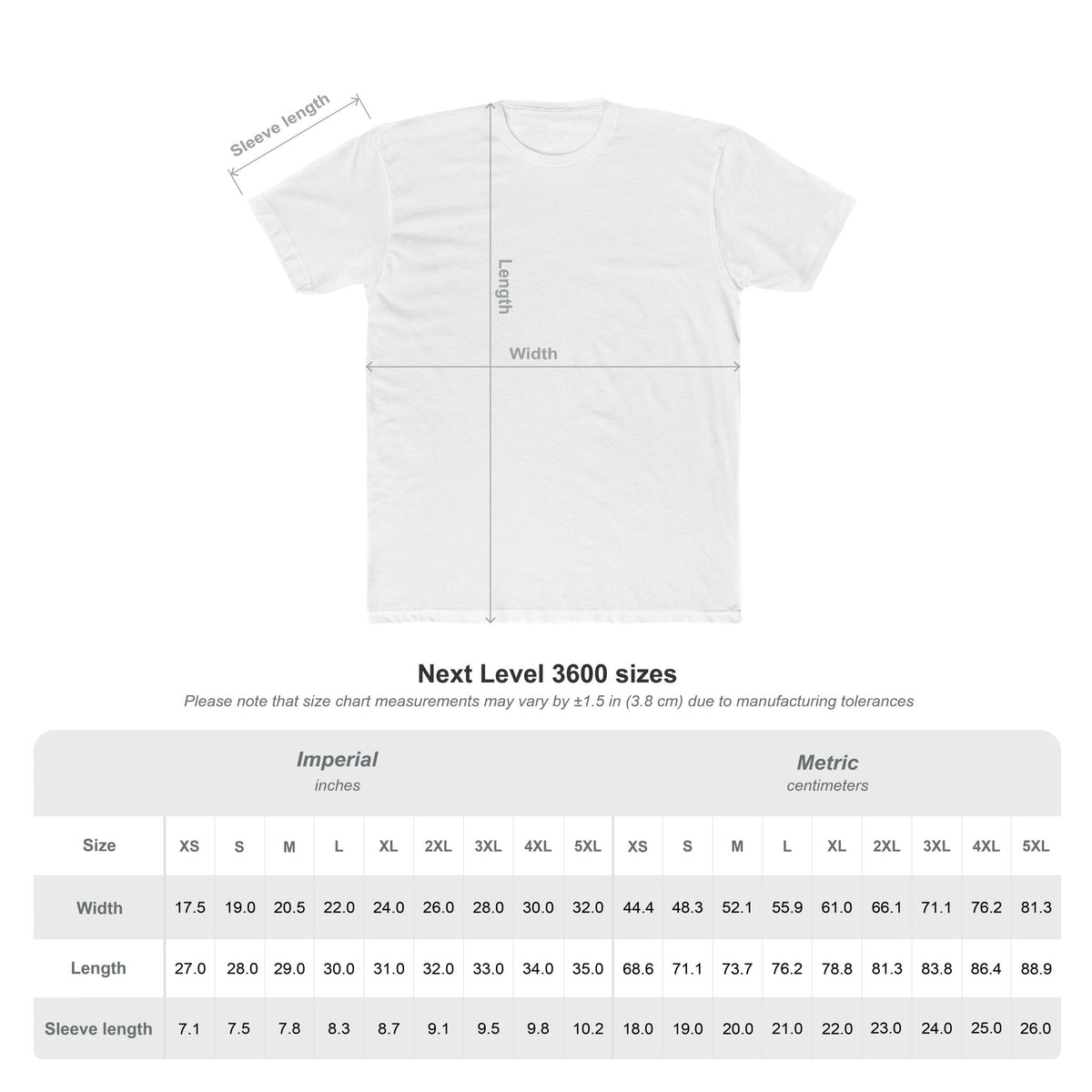 Men's T-shirt with measurement lines and a size chart for Next Level 3600 shirts.