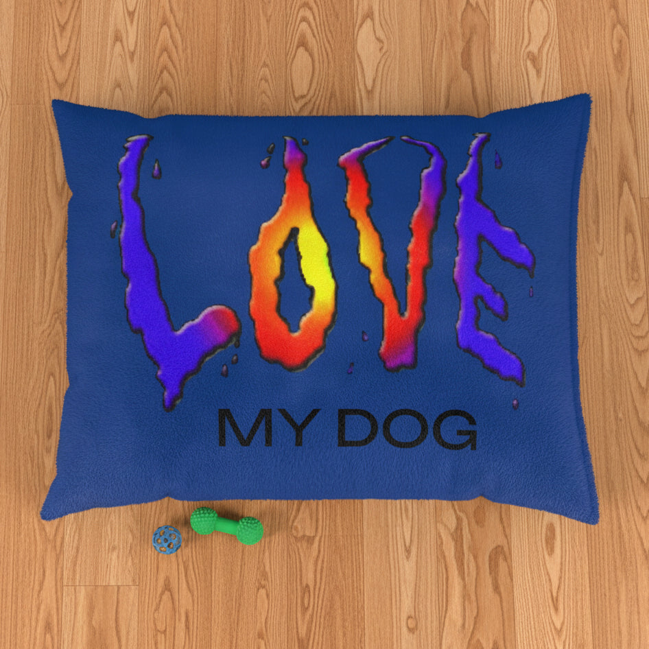 40 x 30 Medium size blue dog bed in colorful LOVE Design