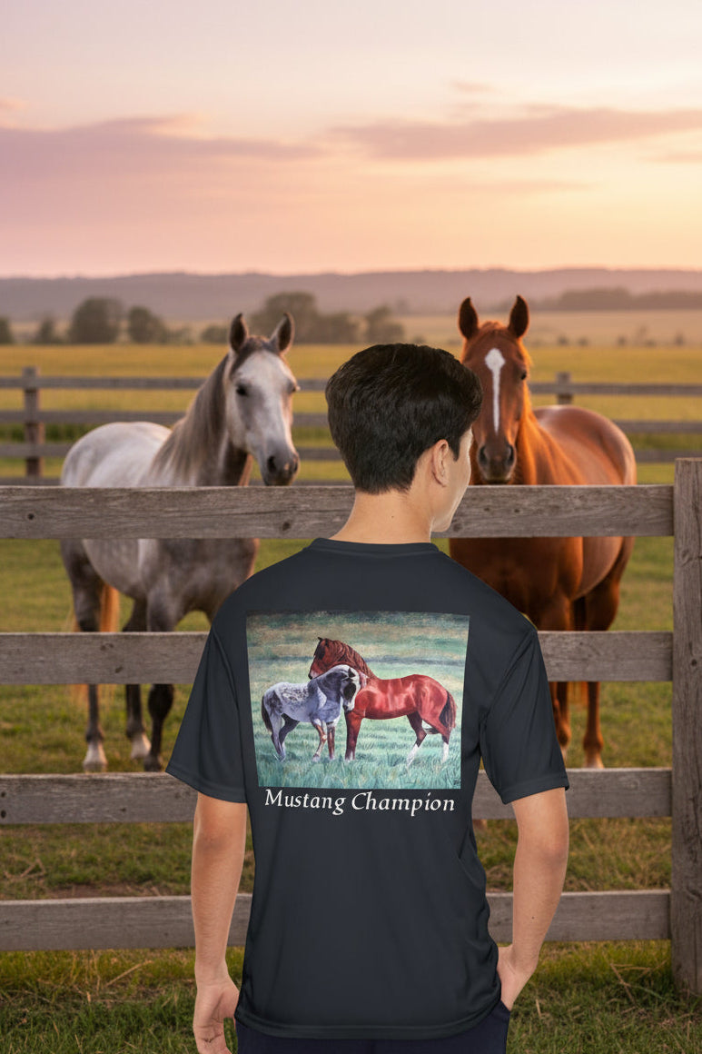 Performance black t-shirt with a large  print of two wild mustangs on the back and the text 'Mustang Champion' below the artwork for the outdoorsman and lover of horses.  