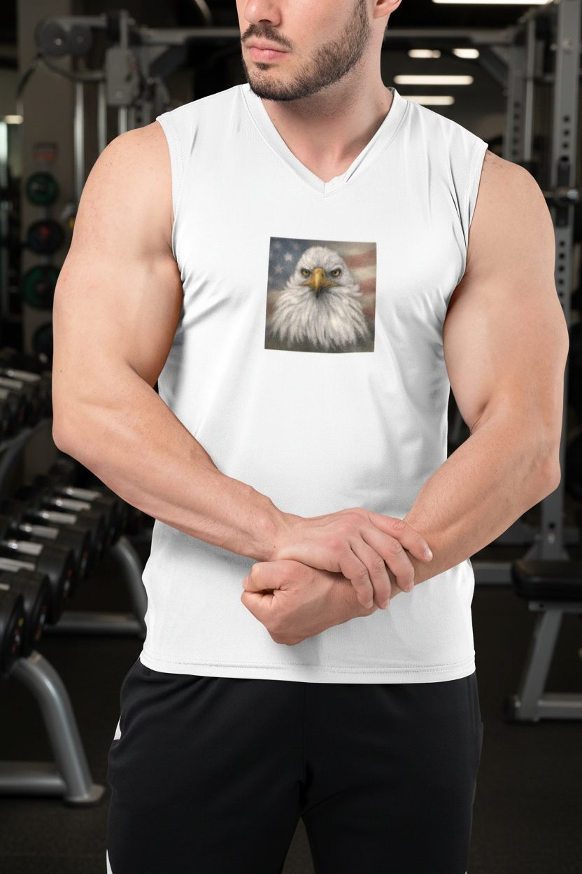 White crewneck athletic muscle tank top with a square graphic print of American bald eagle on the chest