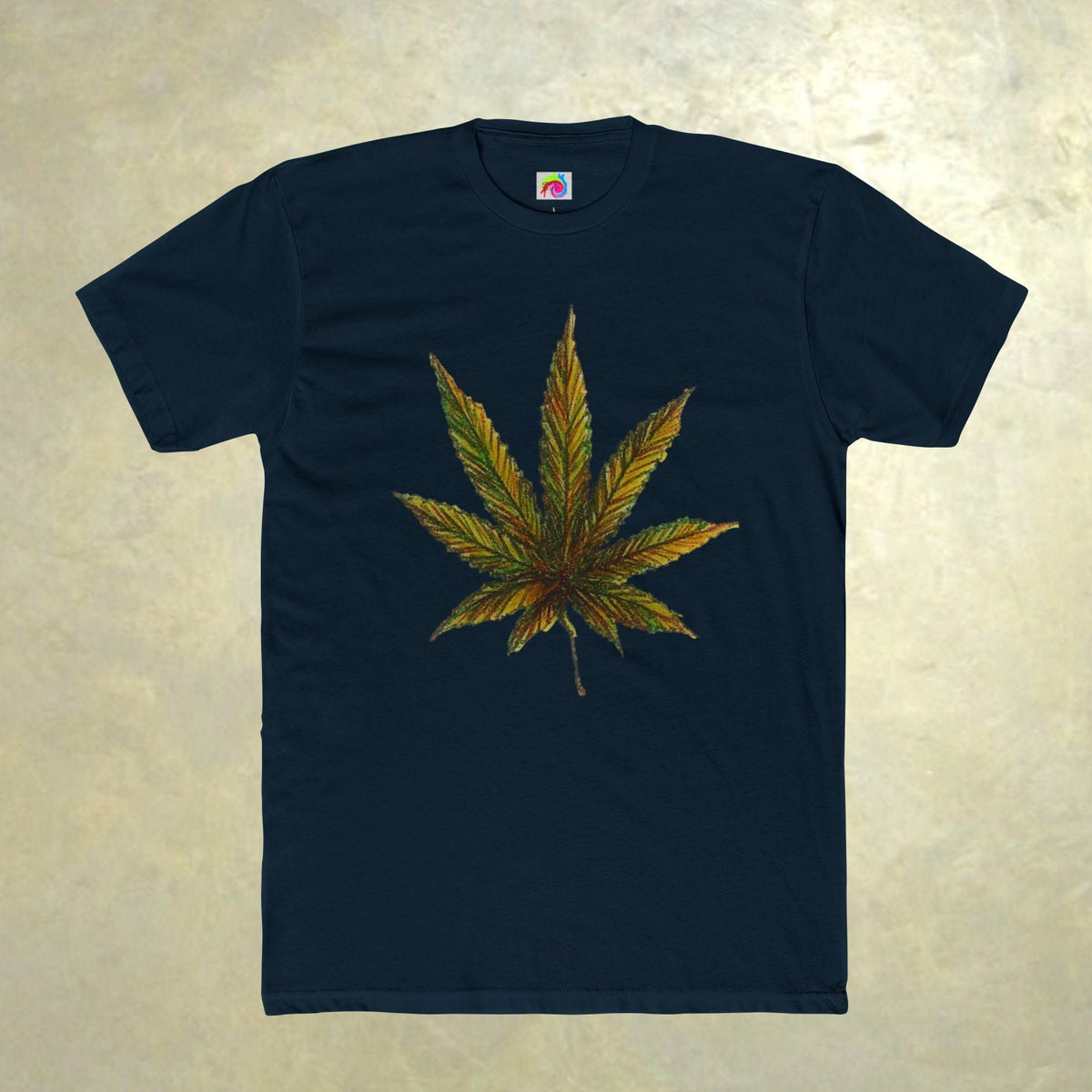 Navy t-shirt with vivid, large marijuana leaf design  - 8 colors available 